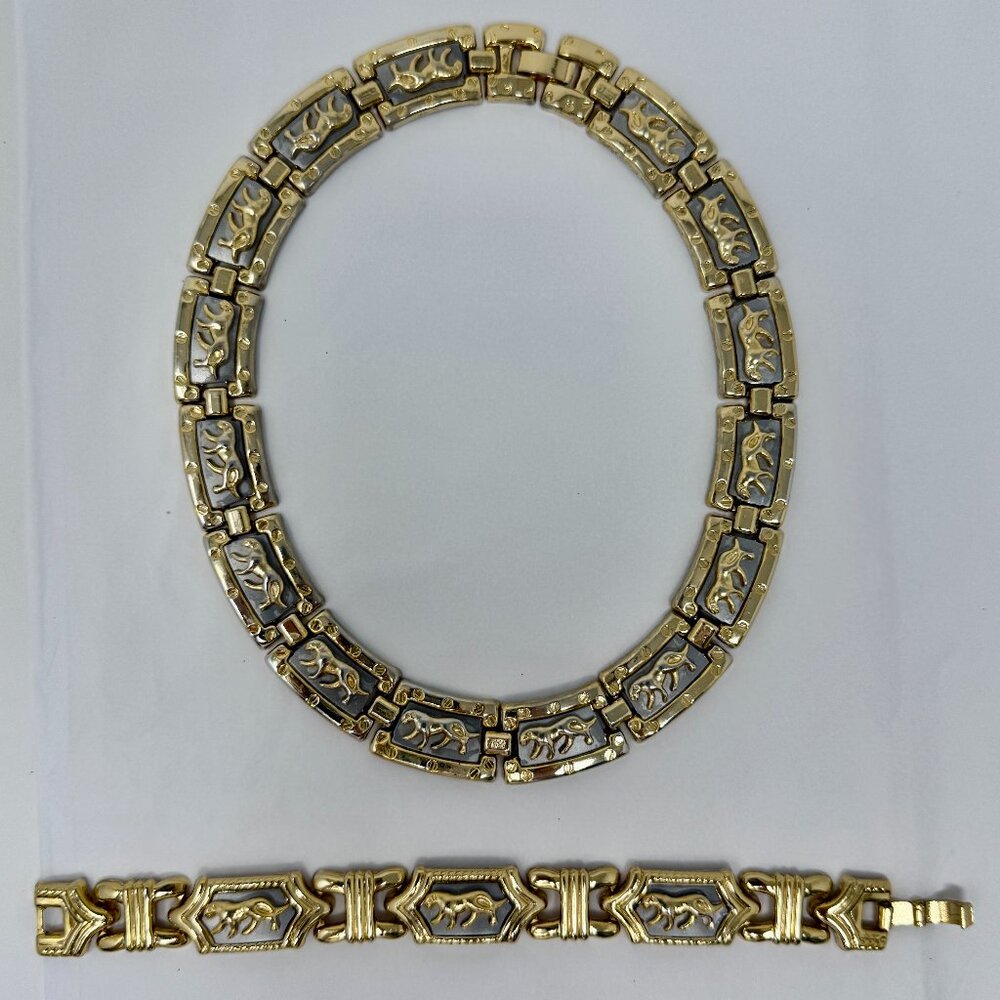 Roman revival  Gold Tone Link Necklace and Bracelet Set